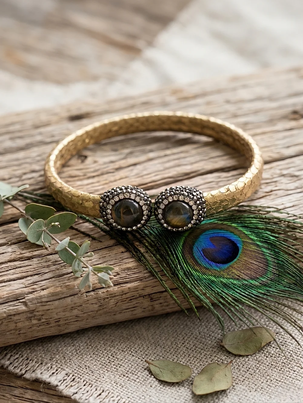 Golden Python Leather Labradorite Open Cuff Bracelet Artisan Statement Jewelry